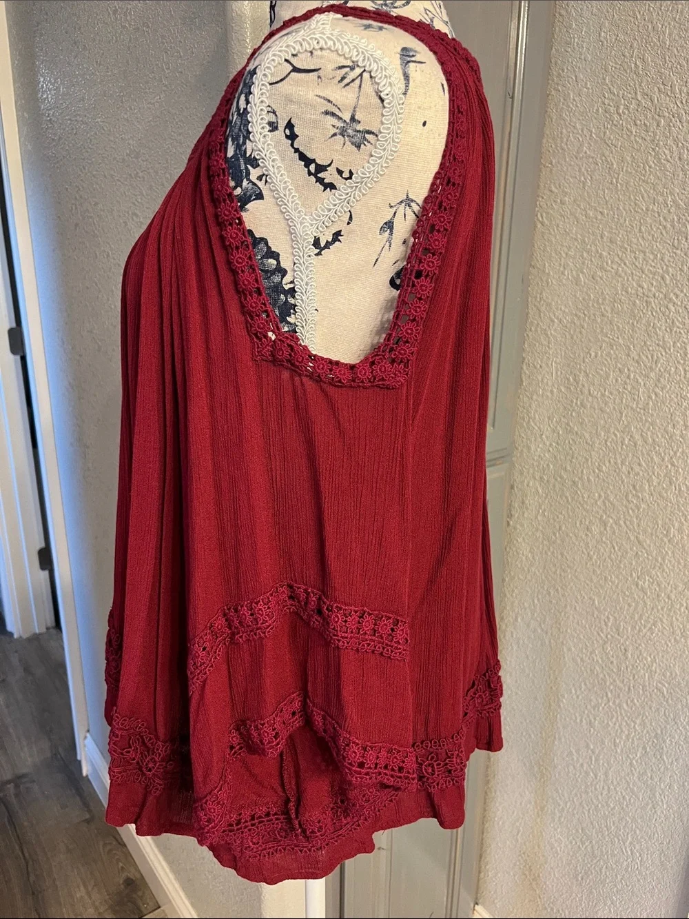 Boho Crochet-Trim Sleeveless Tunic in Wine Red